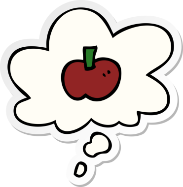 Düşünce baloncuğu insan tarafından çizilmiş bir çıkartma olan çizgi film elma sembolü.