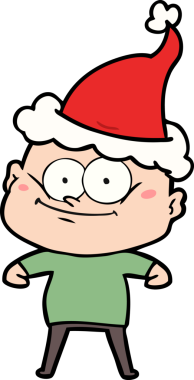 Bir insan tarafından çizilmiş Noel Baba şapkası giymiş kel bir adamın el çizimi.