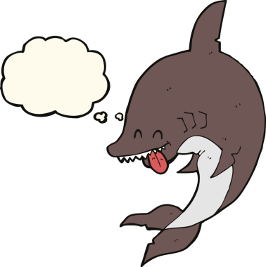 Bir insan tarafından çizilmiş düşünce baloncuklu komik köpek balığı.