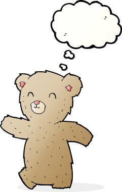 Bir insan tarafından çizilmiş düşünce baloncuğu olan sevimli çizgi film ayısı.