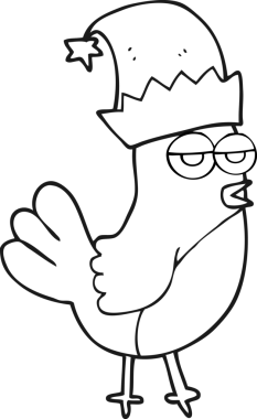 Bir insan tarafından çizilmiş noel şapkalı siyah beyaz robin çizimi.