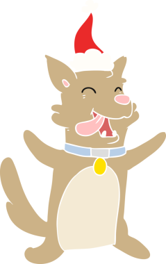 Bir insan tarafından çizilmiş Noel Baba şapkası takan mutlu bir köpeğin düz renkli çizimi.