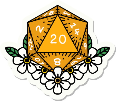 Bir insan tarafından çizilmiş 20 D20 zarının etiketi.