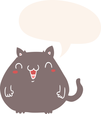 Konuşma baloncuğu olan çizgi film kedisi insan tarafından çizilmiş.