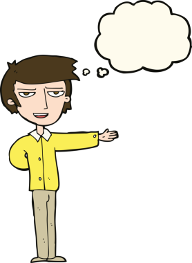 Bir insan tarafından çizilmiş düşünce baloncuğuyla el kol hareketi yapan bir karikatürist.