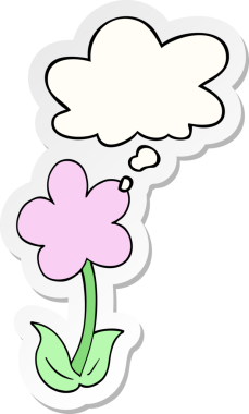 Düşünce baloncuğu olan şirin bir karikatür çiçeği bir insan tarafından çizilmiş çıkartma gibi.