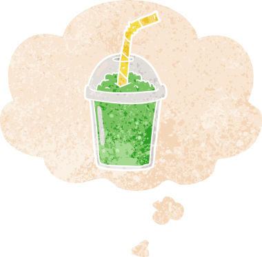 Düşünce baloncuklu karikatür buzlu smoothie grunge sıkıntılı retro dokuma tarzı bir insan tarafından çizilmiş