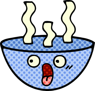 Bir insan tarafından çizilmiş sıcak çorba tabağının çizgi romanı.