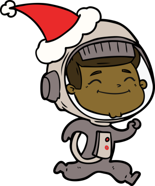 Bir insan tarafından çizilmiş Noel Baba şapkası giyen bir astronotun çizdiği mutlu el çizimi.