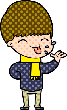 Çizgi filmci çocuk bir insan tarafından çizilmiş dili dışarı çıkarıyor.