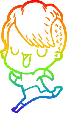 Gökkuşağı gradyan çizimi. Hipster saç kesimi bir insan tarafından çizilmiş şirin bir çizgi film kızı.