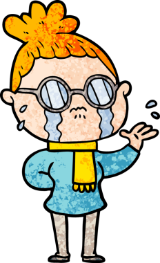 Bir insan tarafından çizilmiş gözlüklü, ağlayan bir kadın.