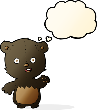 Bir insan tarafından çizilmiş düşünce baloncuğu ile siyah ayı yavrusunu sallayan çizgi film.