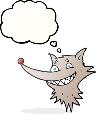 Bir insan tarafından çizilmiş serbest çizilmiş düşünce kabarcığı çizgi filmi sırıtan kurt yüzü.