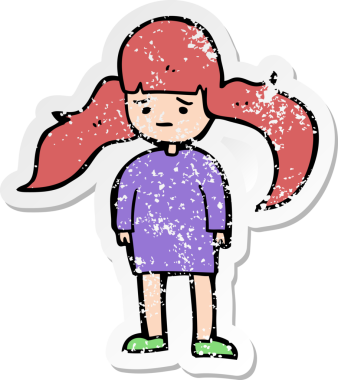 Bir insan tarafından çizilmiş uzun saçlı bir çizgi film kızının sıkıntılı çıkartması.