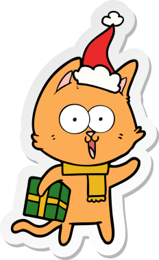 Bir insan tarafından çizilmiş Noel Baba şapkası takan bir kedinin komik el yazısı.