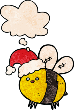 Bir insan tarafından çizilmiş grunge desenli düşünce baloncuklu noel şapkası takan sevimli çizgi film arısı.