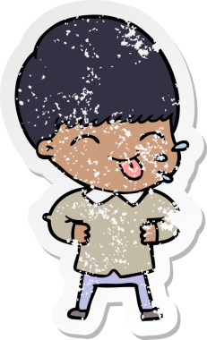 Bir insan tarafından çizilmiş dili çıkmış bir çizgi film çocuğunun sıkıntılı çıkartması.