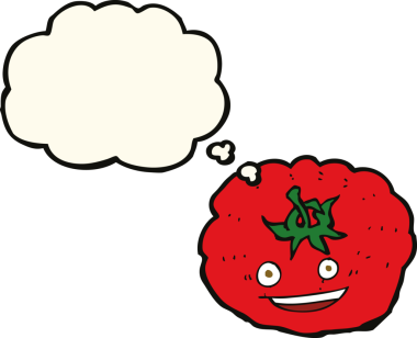 Bir insan tarafından çizilmiş düşünce baloncuklu domates.