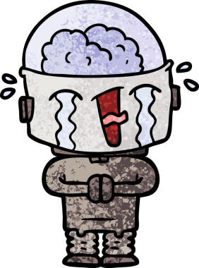 Bir insan tarafından çizilmiş ağlayan robot çizgi film.