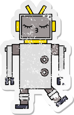 Bir insan tarafından çizilmiş sevimli bir robot çizgi film çıkartması.