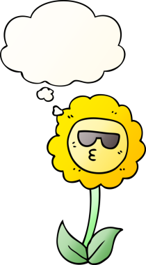 Düşünce baloncuğu olan karikatür çiçeği bir insan tarafından çizilmiş.