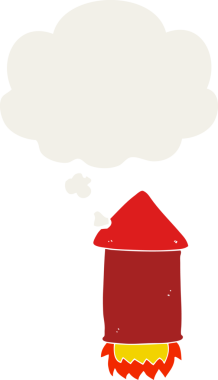 Düşünce baloncuklu karikatür roketi insan tarafından çizilmiş.