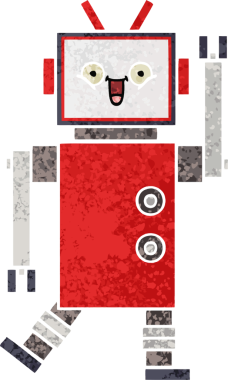 Bir insan tarafından çizilmiş mutlu bir robotun retro çizim tarzı karikatürü