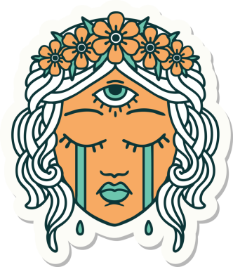 Geleneksel kadın yüzü stili dövme çıkartması. Bir insan tarafından çizilmiş mistik üçüncü göz.