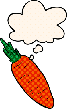 Çizgi roman tarzında bir insan tarafından çizilmiş düşünce balonlu havuç.