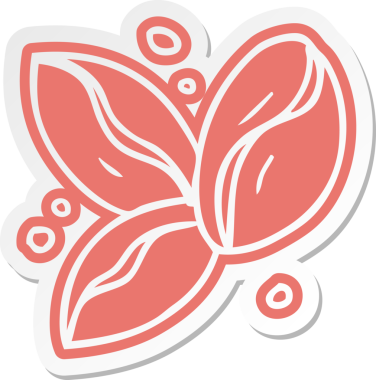 Bir insan tarafından çizilmiş üç kahve çekirdeğinin karikatür etiketi.