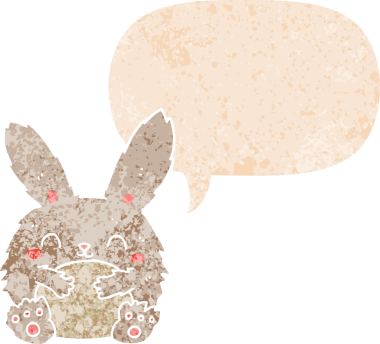 Konuşması kabarcıklı şirin çizgi film tavşanı bir insan tarafından çizilmiş dertli retro tarzı.