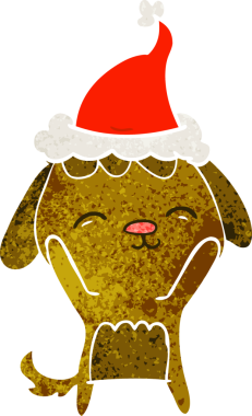 Mutlu el çizimi. Bir insan tarafından çizilmiş Noel Baba şapkası takan bir köpeğin eski çizgi filmi.