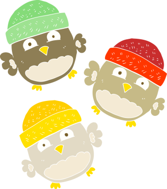 Bir insan tarafından çizilmiş baykuşların düz renk çizimi