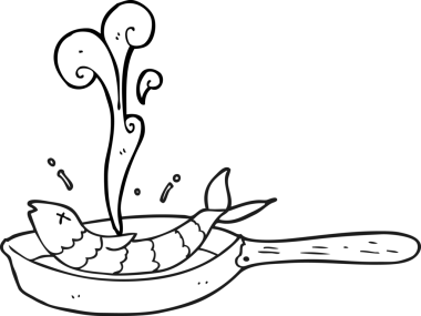 Bir insan tarafından çizilmiş siyah beyaz karikatür kızarmış balık.