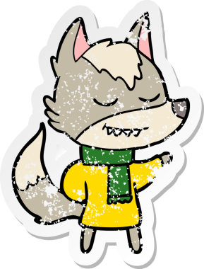 Bir insan tarafından çizilmiş eşarp giyen arkadaş canlısı bir kurdun sıkıntılı çıkartması.