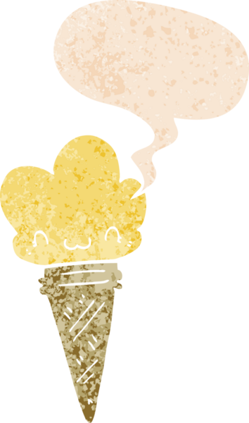 Yüzünde konuşma kabarcığı olan karikatür dondurması bir insan tarafından çizilmiş dertli retro tarzı.