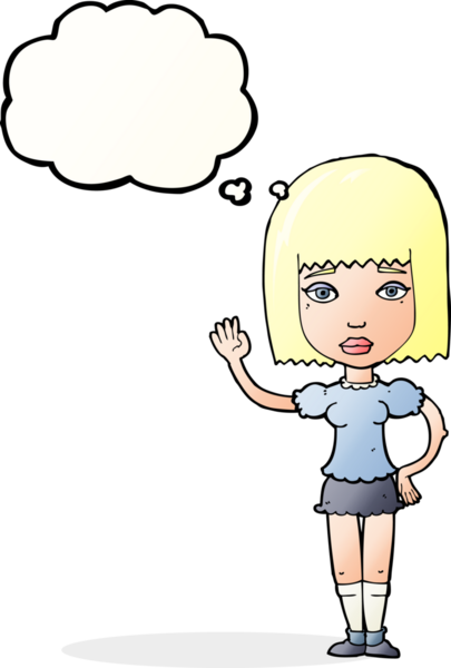 Bir insan tarafından çizilmiş düşünce baloncuğuyla el sallayan çizgi film kadını.