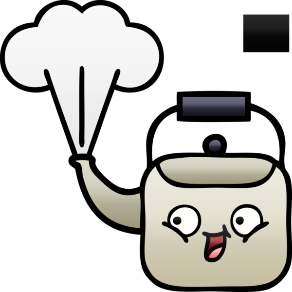 Bir insan tarafından çizilmiş dumanı tüten bir çaydanlığın gölgeli çizgi filmi.