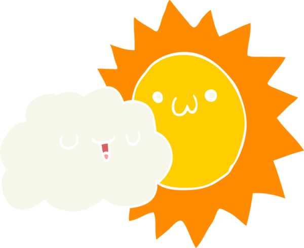 Bir insan tarafından çizilmiş düz renkli çizgi film güneşi ve bulut