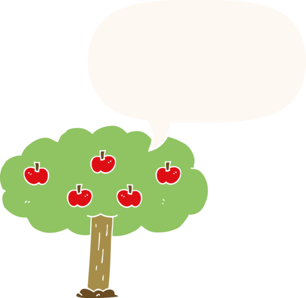 bir insan tarafından çizilmiş, konuşma baloncuklu elma ağacı.