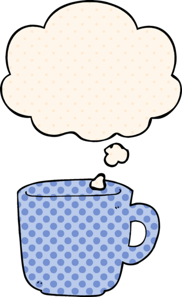 Çizgi roman tarzında bir insan tarafından çizilmiş düşünce balonlu kahve fincanı.
