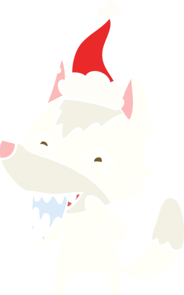 Bir insan tarafından çizilmiş Noel Baba şapkası takan aç bir kurdun düz renkli çizimi.