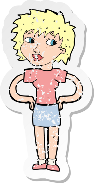 Bir insan tarafından çizilmiş kalçasında elleri olan bir karikatür kadının gerilmiş çıkartması.