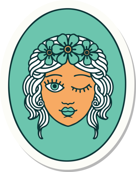 Geleneksel bir dövme stili. Çiçekten taç takmış bir kız. Bir insan tarafından çizilmiş.