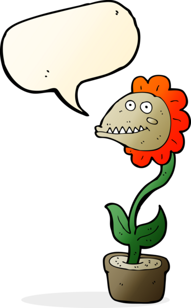 Bir insan tarafından çizilmiş konuşma balonlu canavar bitkisi.