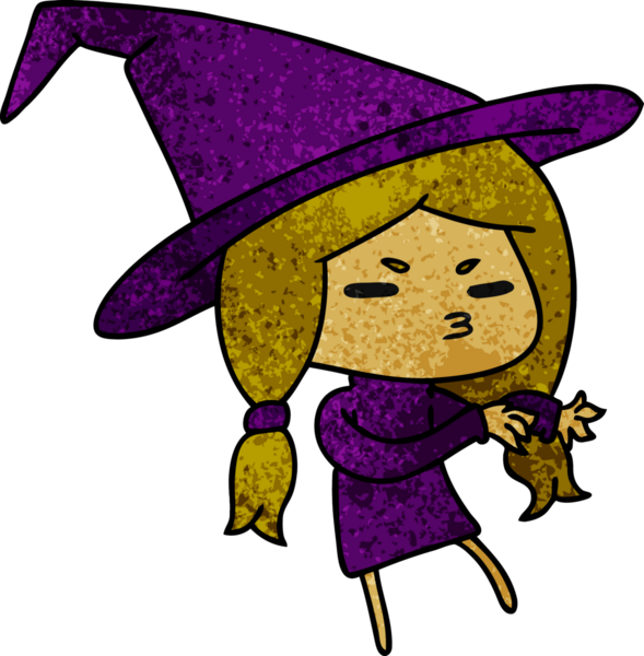 Bir insan tarafından çizilmiş sevimli bir cadı olan Kawaii 'nin desenli çizimi.