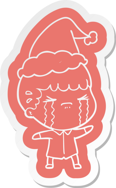 Bir insan tarafından çizilmiş Noel Baba şapkasıyla ağlayan bir adamın garip karikatür çıkartması.