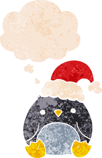 Sevimli penguen çizgi filmi, Noel şapkası takıyor. Düşünce baloncuğu ve grunge dertli retro tarzı bir insan tarafından çizilmiş.