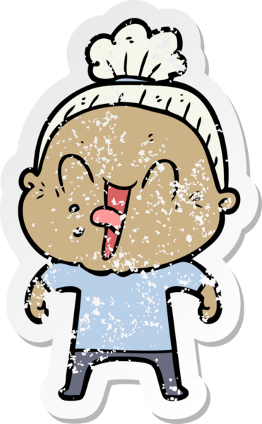 Bir insan tarafından çizilmiş mutlu, yaşlı bir kadının sıkıntılı çıkartması.